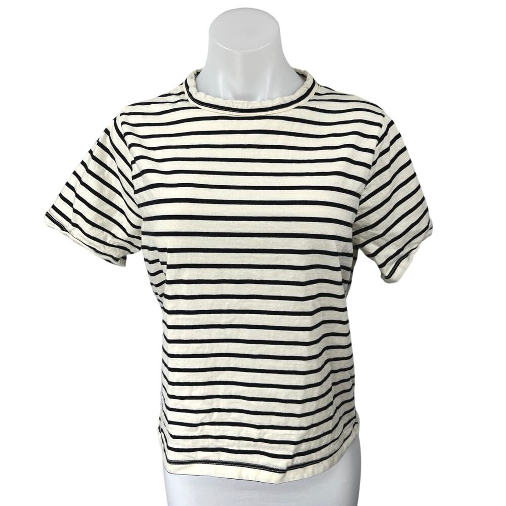 Mango MNG White Black Striped Round Neck Short Sleeve Pullover Tee Shirt Top L
